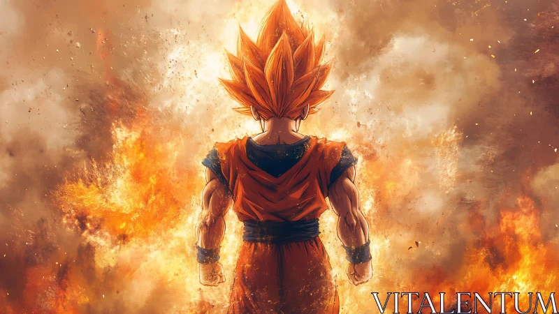 Spiky haired warrior stands amid dense fiery explosion clouds