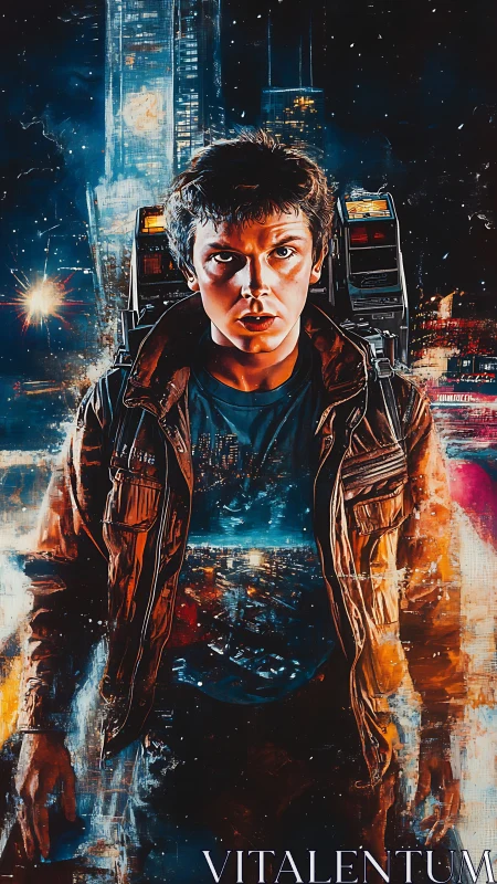 Young man with backpack in neon urban night environment.