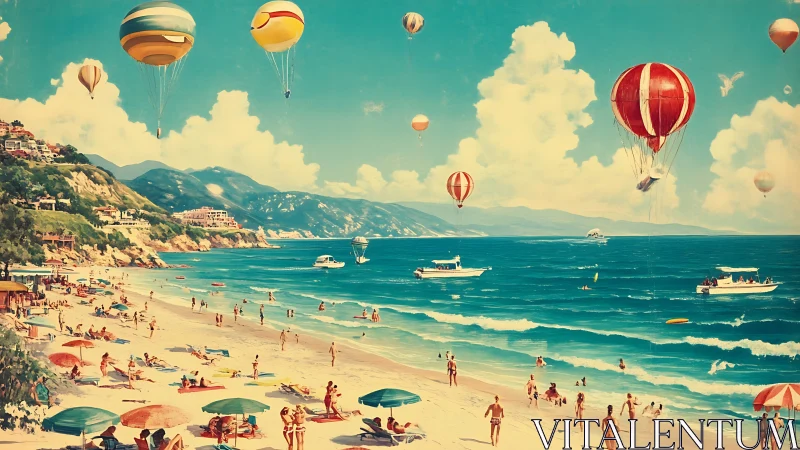 Retro seaside panorama with hot air balloons over beach.