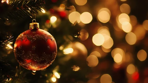 Red glass ornament hangs on tree amid blurred warm lights