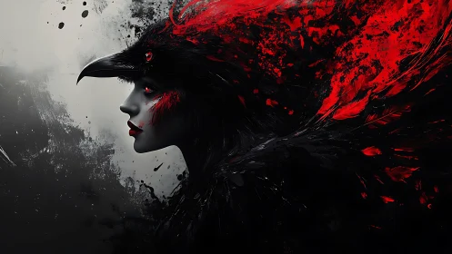 Raven-helmed female profile in red-black abstract plume