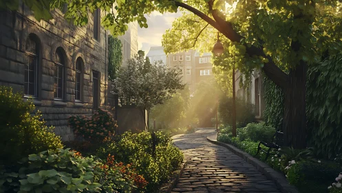 Sunlit cobblestone garden path beside old city buildings.