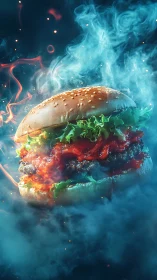 Flaming gourmet burger erupts through cinematic blue smoke.