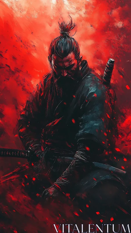 Brooding samurai warrior amid swirling crimson embers.