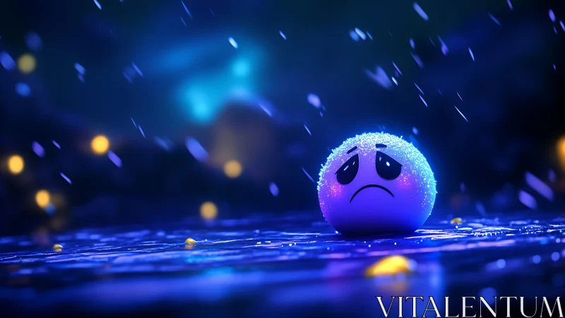 Sad glowing emoticon under rain on neon wet street.