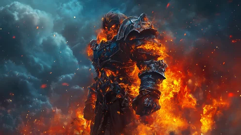 Armored fiery humanoid figure in stormy cloud environment.