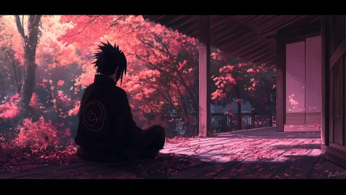 Solitary figure on wooden veranda beside dense pink foliage.