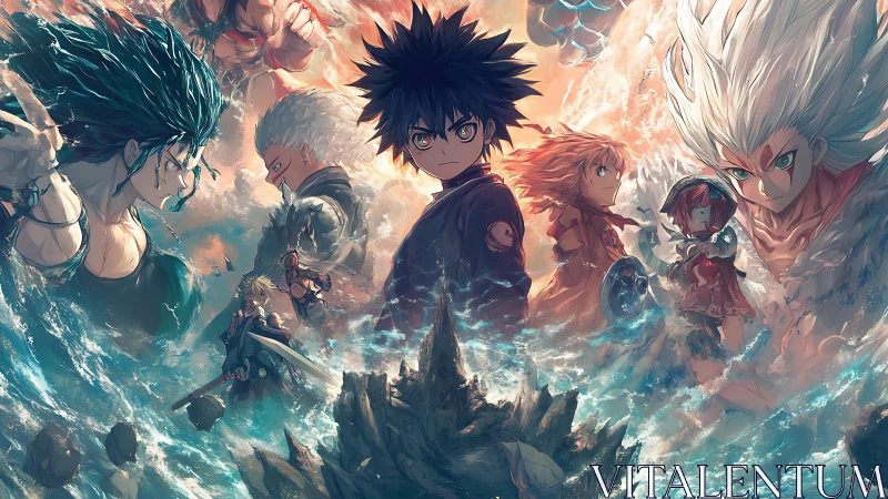 Dynamic anime ensemble amid elemental ocean vortex composition.