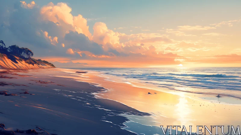 Sunlit shoreline glows beneath sweeping pastel clouds at dusk.