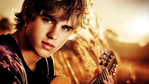 Young guitarist in golden field at warm sunset light.