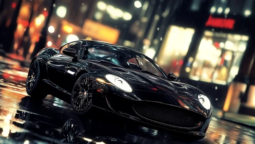 High-gloss sports coupe rendered on wet neon-lit urban street