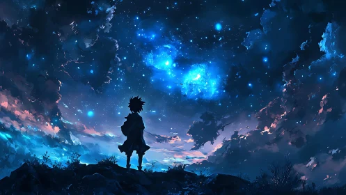 Silhouetted youth under bioluminescent nebula night sky