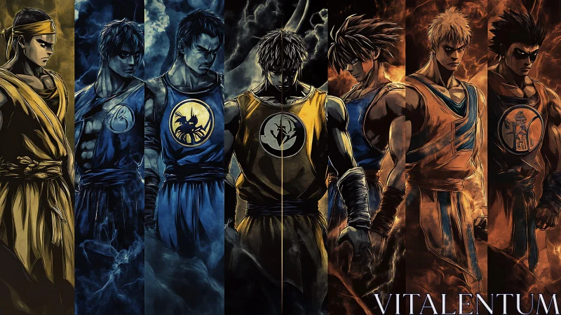 Martial warriors aligned in chromatic elemental contrast.