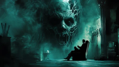 Elderly figure confronts colossal spectral skull in decayed room