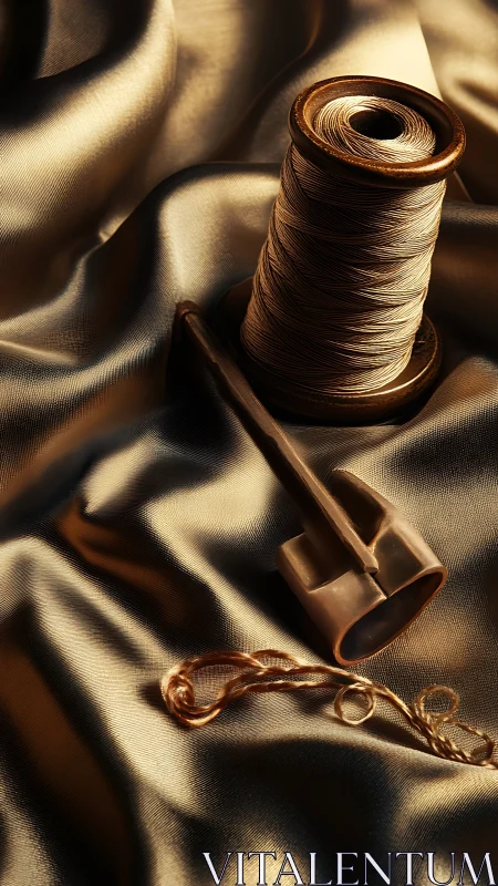 Gold satin textile with metallic thread spool and sewing tool