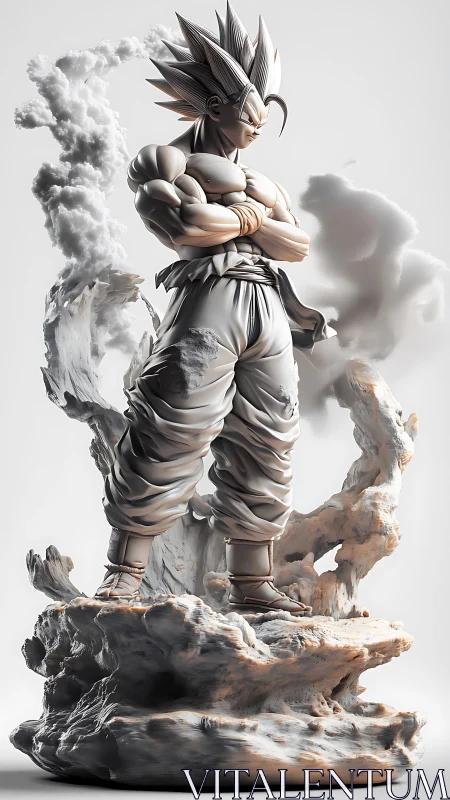 Stylized muscular warrior statue amid swirling stone clouds.