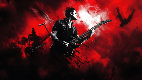 Electric night riff: guitar hero in a storm of red sound.