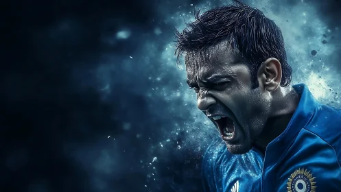 Intense athlete in blue jersey shouting in emotion.