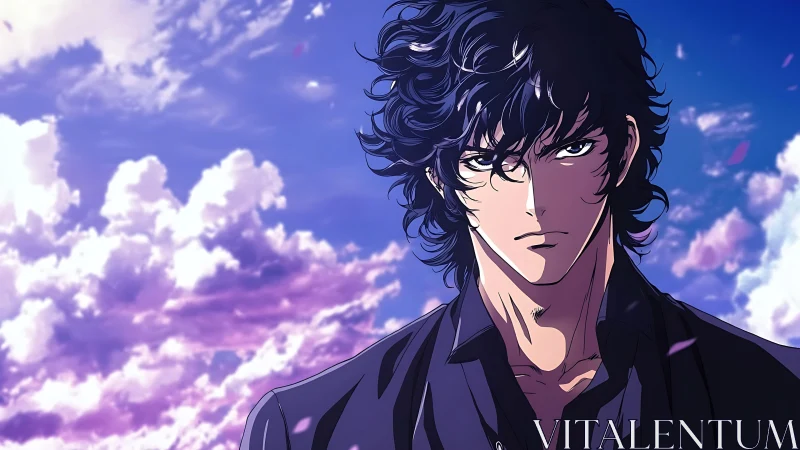 Wind-swept anime protagonist under high-saturation twilight sky