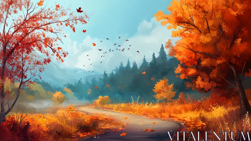 Curved forest path bordered by dense autumn foliage and hills.