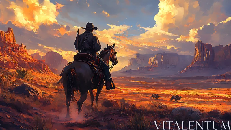 Solitary cowboy surveying blazing canyon at sunset.