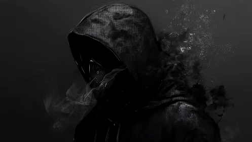 Shrouded hooded figure dissolving into smoke and shadow.