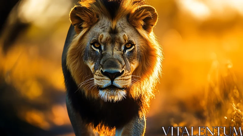 Male lion strides through golden backlit savanna at sunset