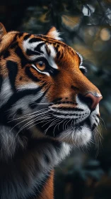 Close-up profile portrait of tiger in soft forest light.