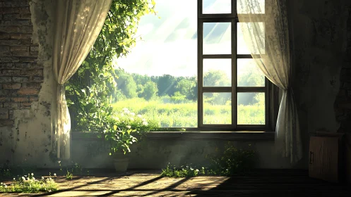 Sunlit rural window with curtains and overgrown interior plants.