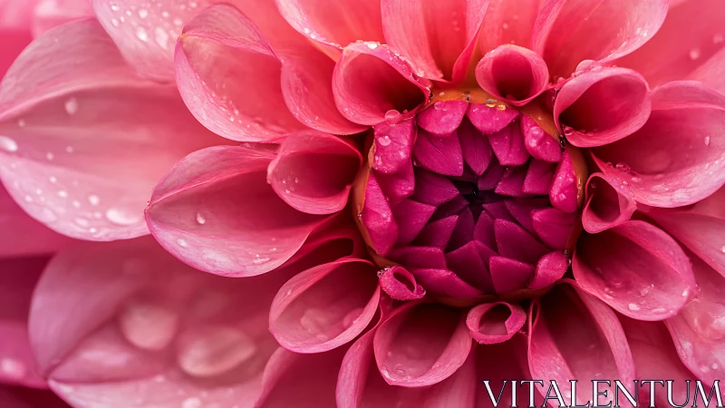 Magenta Dahlia Drenched in Dewdrops Unfurls Its Ruffled Petals