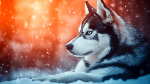 High-contrast husky portrait under snowfall with warm bokeh field