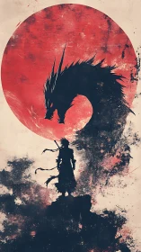 Samurai silhouette confronts dragon under blood-red moon