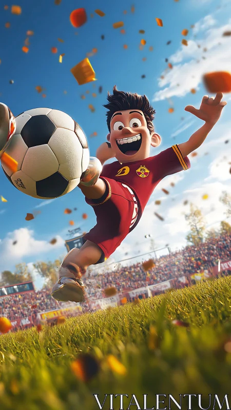 Cartoon striker kicks dynamic soccer ball in stadium celebration.