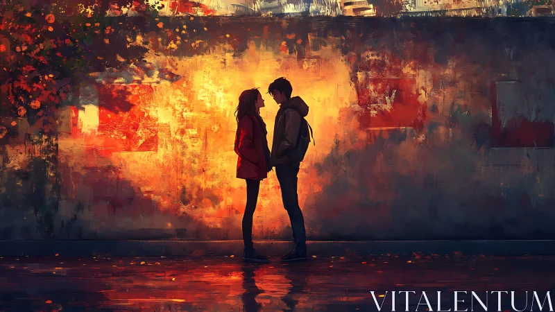 Urban Silhouettes Against Inferno: Romantic Encounter in Fiery Landscape