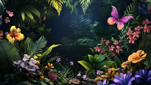 Tropical Garden Sanctuary With Blooming Flowers and Butterflies