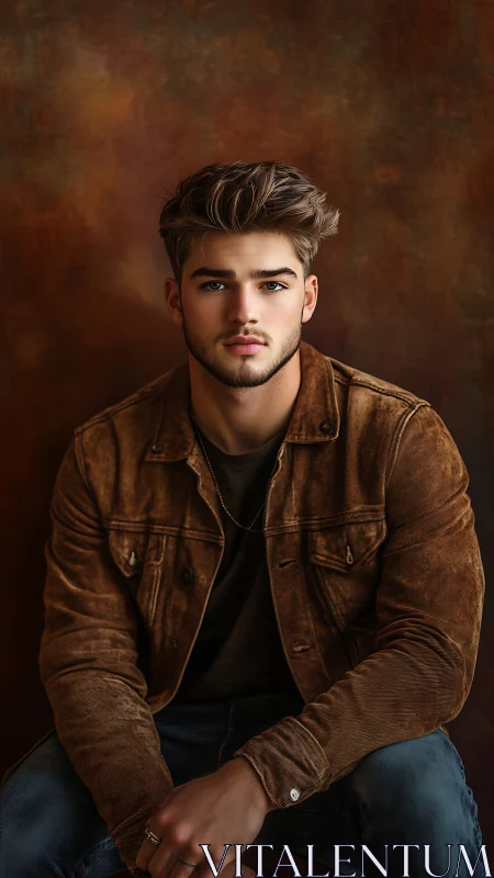 Young man in brown jacket against warm studio backdrop.