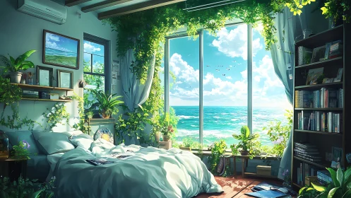 Sunlit bedroom quietly drifts between jungle retreat and sea