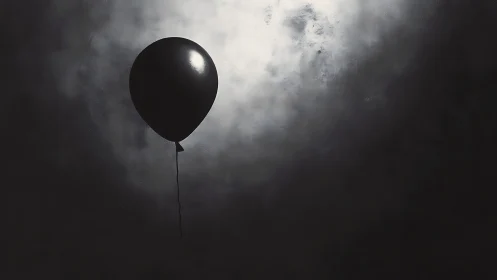 Single black balloon floats against diffused cloudy light