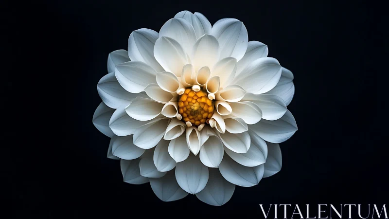 White Dahlia with Golden Center Against Black Background.
