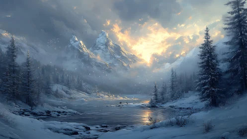 Winter mountains catch fire beneath a stormlit sunrise sky.