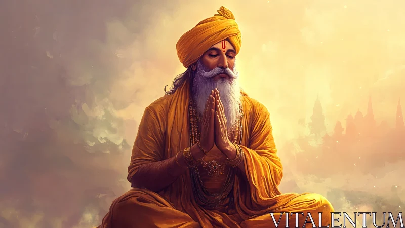 Mystic sage in golden robes meditating at sunrise.