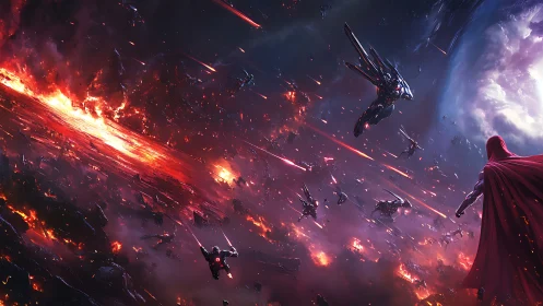 Cloaked figure observes large scale extraterrestrial conflict