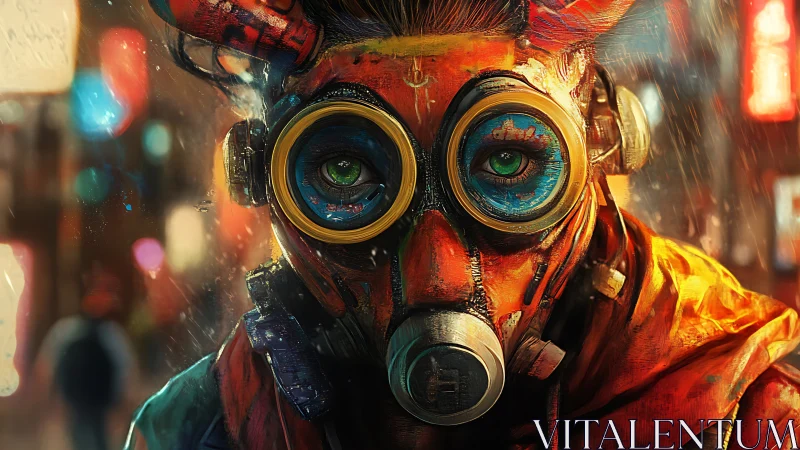 Cyberpunk masked figure with neon goggles in rainy night.