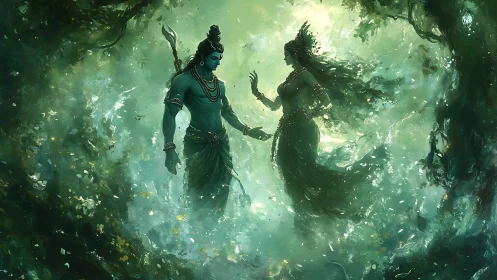Mythic figures in luminous green forest environment.