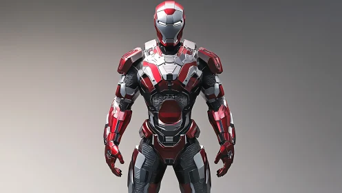 Red and silver humanoid combat exosuit stands under soft light