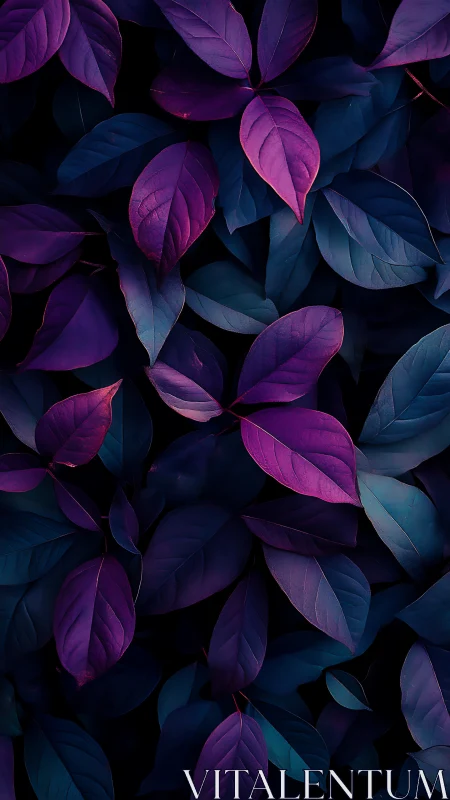 Overlapping purple and blue leaves in dark minimal layout.