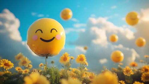 Smiling emoji balloons float above a bright daisy meadow
