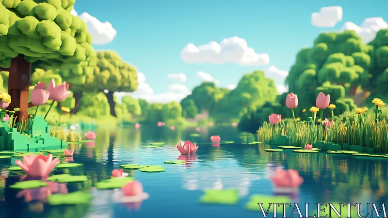 Low poly river landscape with pink lotus flowers in bloom.