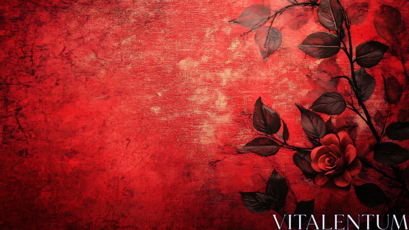 Crimson Rose in Silhouette Against Textured Red Grunge Background