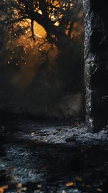 Forest path meets stone wall under burning backlight